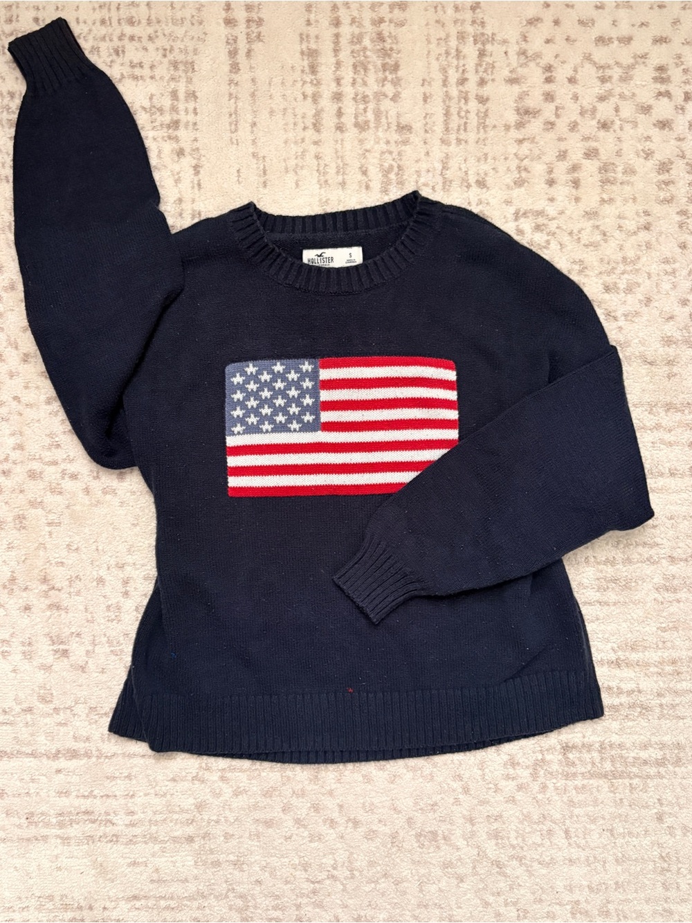Hollister Navy Crewneck Sweater with American Flag